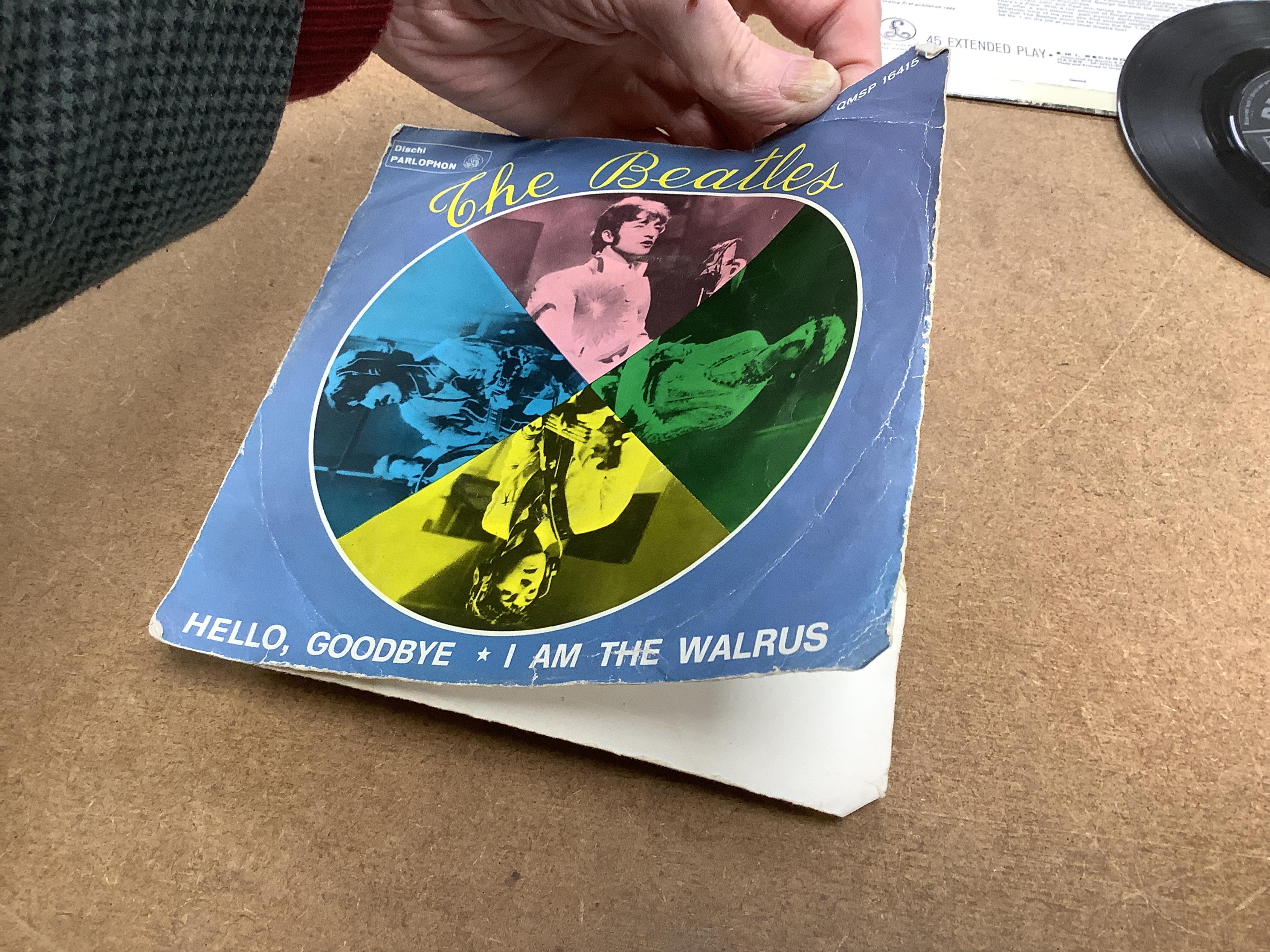 Fifteen The Beatles 7” singles, all in pictures sleeves, including; Extracts from A Hard Days Night, The Beatles Million Sellers, Twist and Shout, Hello Goodbye, Lady Madonna, etc., including several foreign issues